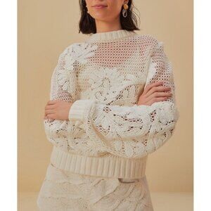 NWT Farm Rio Womens Sz S White Embroidered Knit Sweater Long Balloon Sleeves